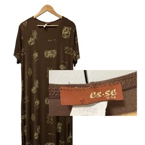 Vintage Esse brown boho botanical print stretchy nylon maxi dress size XXL 2XL